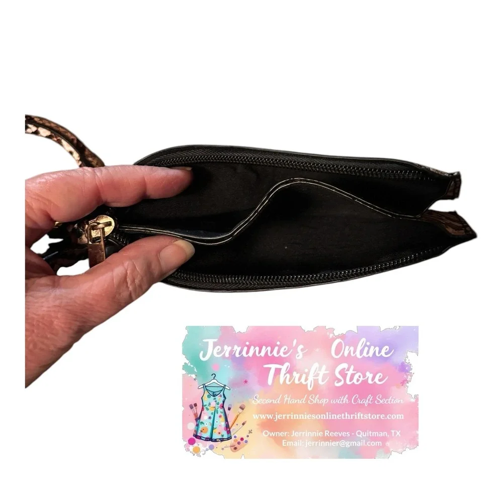 Brown Snakeskin‎ Print Bangle Wristlet Clutch Zip Pouch Gold Tone Hardware